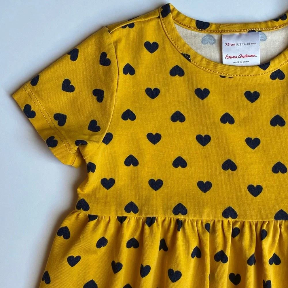 Hanna Andersson Dress Hearts Size 70 12 18 Months Yellow Blue Hearts Girls Soft